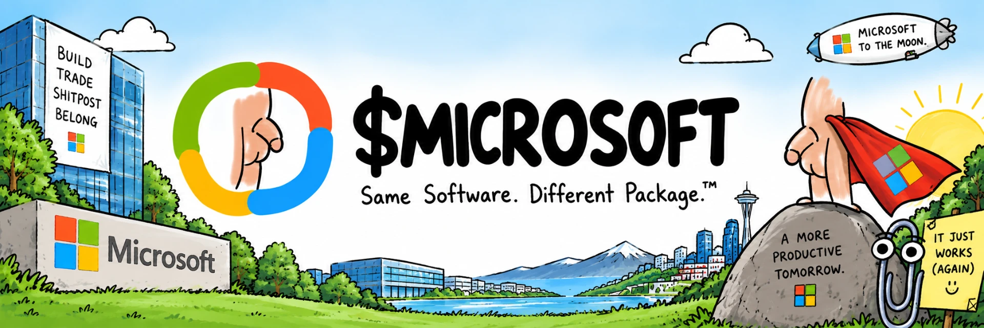 $MICROSOFT hand-drawn banner: Same Software. Different Package.